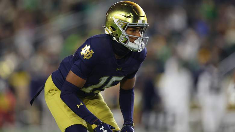 Leonard Moore #15 of the Notre Dame Fighting Irish in action