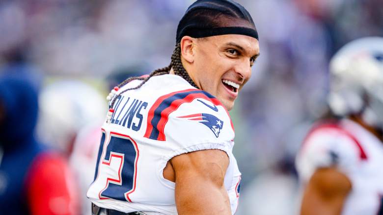 Mack Hollins #13 of the New England Patriots looks on before the game
