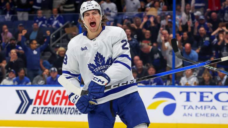 Matthew Knies #23 of the Toronto Maple Leafs celebrates