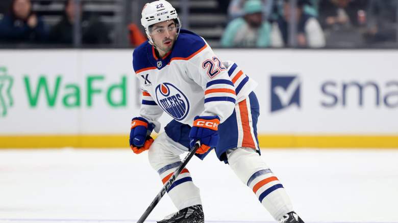 Matt Savoie #22 of the Edmonton Oilers skates during the first period