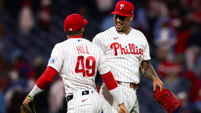 Jhoan Duran #59 and Derek Hill #49 of the Philadelphia Phillies celebrate
