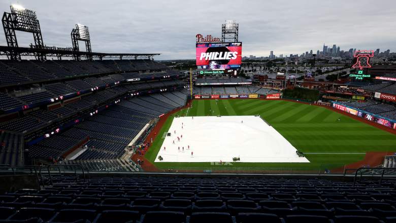 The tarp covers the field before a game between the Philadelphia Phillies and the Tampa Bay Rays at Citizens Bank Park on September 26, 2026 in Philadelphia, Pennsylvania.