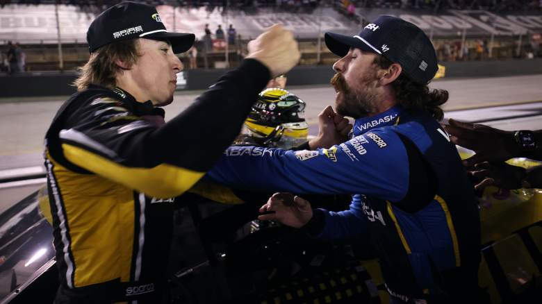 Carson Hocevar, driver of the #77 Zeigler Auto Group Chevrolet, (L) and Ryan Blaney, driver of the #12 WABASH Ford, get into an altercation after the NASCAR Cup Series Bass Pro Shops Night Race at Bristol Motor Speedway on September 19, 2026 in Bristol, Tennessee.