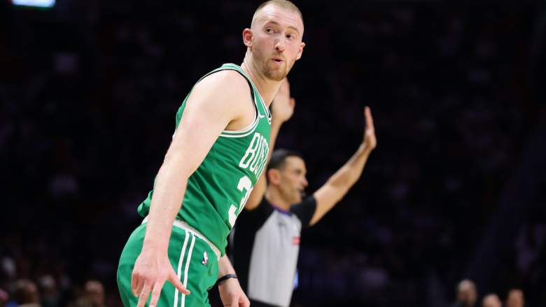 Sam Hauser #30 of the Boston Celtics celebrates a basket
