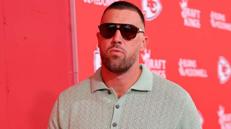Travis Kelce #87 of the Kansas City Chiefs arrives prior to the game against the Denver Broncos at Arrowhead Stadium on September 14, 2026 in Kansas City, Missouri.
