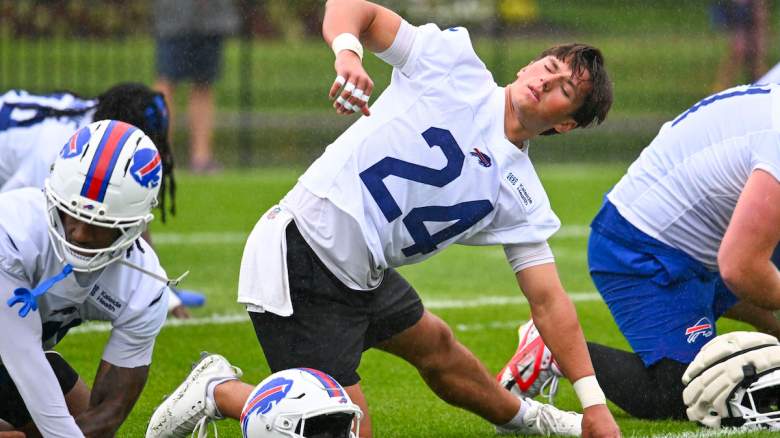 Cole Bishop #24 of the Buffalo Bills stretches