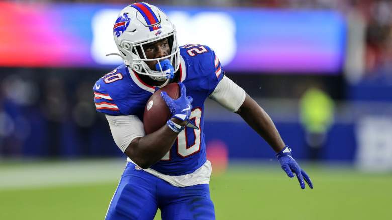 Frank Gore Jr. #20 of the Buffalo Bills runs after the catch