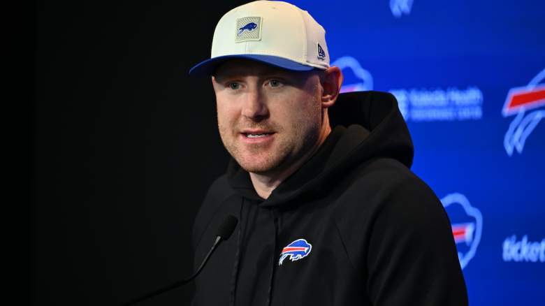 Head coach Joe Brady of the Buffalo Bills addresses the media
