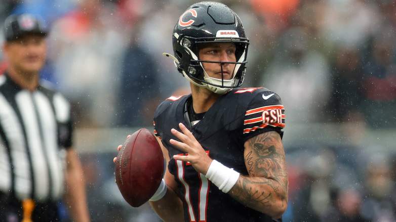 Tyson Bagent #17 of the Chicago Bears passes the ball against the Minnesota Vikings