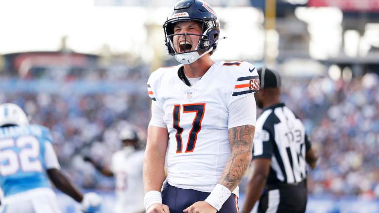 Tyson Bagent #17 of the Chicago Bears reacts after a first down