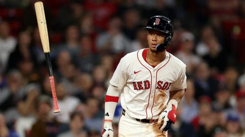 Kristian Campbell #28 of the Boston Red Sox reacts during his at bat