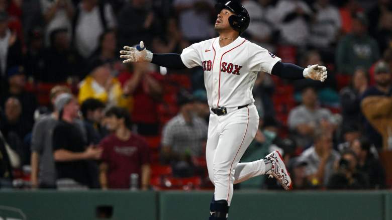 Jahmai Jones #37 of the Boston Red Sox reacts after hitting a two-run home run