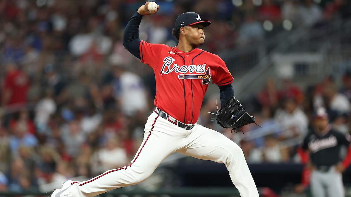 Elieser Hernández #57 of the Atlanta Braves pitches in the seventh inning