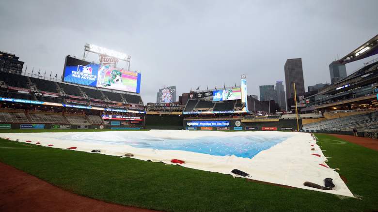A general view as the tarp covers the field