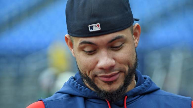 Willson Contreras #40 of the Boston Red Sox chats