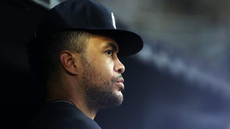 Giancarlo Stanton #27 of the New York Yankees looks on