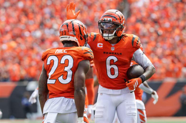 Bryan Cook and Dax Hill celebrate during a Bengals game