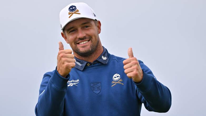 Bryson DeChambeau gives two thumbs up during practice at the 2025 Open Championship