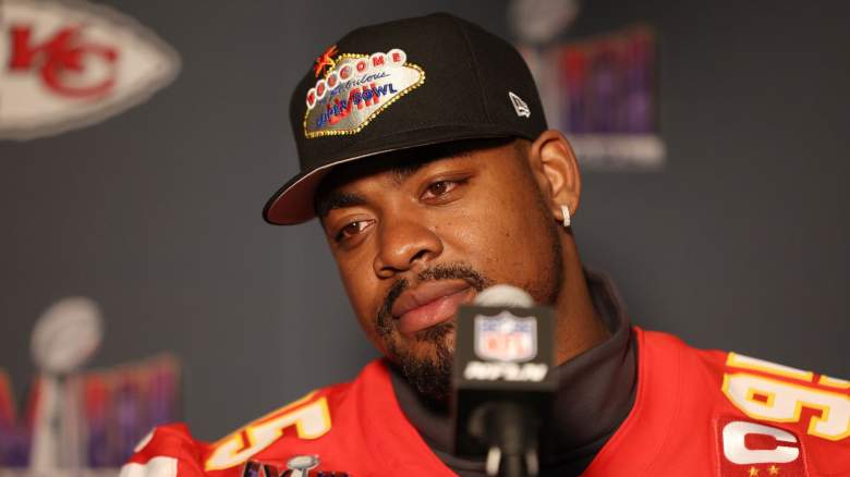 Chris Jones #95 of the Kansas City Chiefs speaks to the media during Kansas City Chiefs media availability ahead of Super Bowl LVIII at Westin Lake Las Vegas Resort and Spa on February 07, 2024
