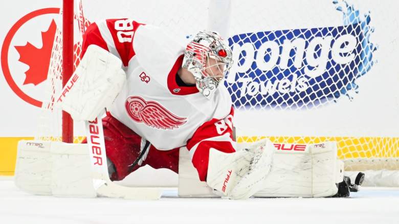 Daniil Tarasov #80 of the Detroit Red Wings during a shootout at the Bell Centre