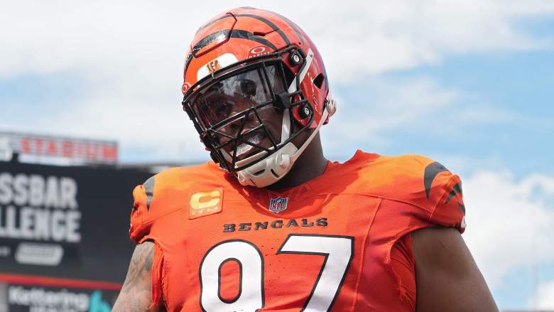 Cincinnati Bengals defensive tackle Dexter Lawrence, wearing his orange No. 97 jersey and helmet, walks off the field against the Tampa Bay Buccaneers on September 13, 2026.