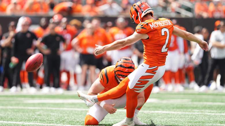 Evan McPherson kicking for the Cincinnati Bengals