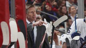 oronto Maple Leafs assistant coach Dave Hakstol speaks with the referee during the game against the New Jersey Devils at the Prudential Center on December 27, 2019 in Newark, New Jersey