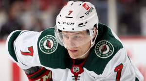 Nico Sturm #7 of the Minnesota Wild waits for the face off in the second period against the New Jersey Devils at Prudential Center on November 24, 2021 in Newark, New Jersey.
