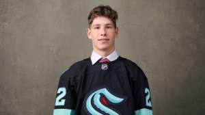 : David Goyette, #61 pick by the Seattle Kraken, poses for a portrait during the 2022 Upper Deck NHL Draft at Bell Centre on July 08, 2022 in Montreal, Quebec, Canada.