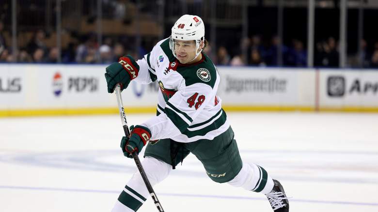 Daemon Hunt #48 of the Minnesota Wild takes a shot on goal during the first period against the New York Rangers at Madison Square Garden on November 09, 2023 in New York City.