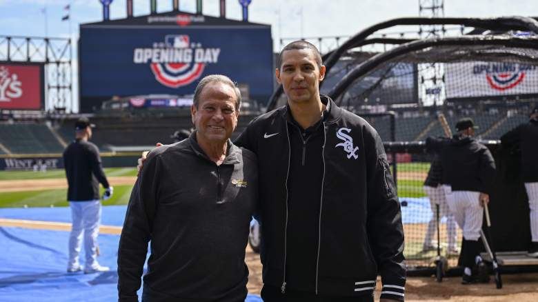 Chicago White Sox's color announcer Steve Stone (L) and new play-by-play announcer John Schriffen pose for a picture before the Opening Day game between the Chicago White Sox and the Detroit Tigers at Guaranteed Rate Field on March 28, 2024 in Chicago, Illinois.