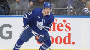 Marshall Rifai #83 of the Toronto Maple Leafs warms up prior to playing against the Florida Panthers in an NHL game at Scotiabank Arena on April 1, 2024 in Toronto, Ontario, Canada.