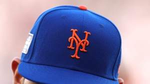 A detailed view of a New York Mets cap during the MLB London Series match between the Philadelphia Phillies and New York Mets at London Stadium on June 08, 2024 in London, England.