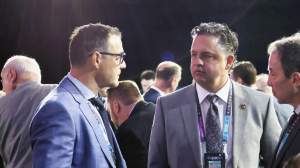 Steve Staios and Travis Green of the Ottawa Senators attend the NHL Draft at Sphere on June 29, 2024 in Las Vegas, Nevada.