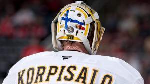 Joonas Korpisalo #70 of the Boston Bruins looks on during the second period against the New Jersey Devils at Prudential Center on March 16, 2026 in Newark, New Jersey