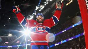 Jayden Struble #47 of the Montr&eacute;al Canadiens celebrates a goal that was later called offsides against the Carolina Hurricanes in Game Three of the Eastern Conference Final of the 2026 Stanley Cup Playoffs at the Bell Centre on May 25, 2026 in Montreal, Quebec, Canada.