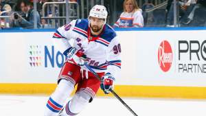 Joe Veleno #90 of the New York Rangers skates against the New York Islanders during a preseason game at the UBS Arena on September 25, 2026 in Elmont, New York.