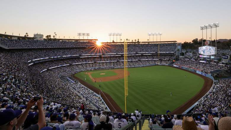 A general view of the stadium during the fourth inning between the Los Angeles Dodgers and Atlanta Braves in game two of the National League Division Series at Dodger Stadium on October 04, 2026 in Los Angeles, California.