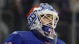 Igor Shesterkin #31 of the New York Rangers in action during the game against the Utah Mammoth at Madison Square Garden on October 04, 2026 in New York City. The Rangers won 4-2.