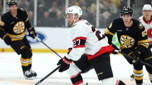 William Eklund #27 of the Ottawa Senators skates past Fraser Minten #93 of the Boston Bruins during the second period at TD Garden on October 05, 2026 in Boston, Massachusetts.