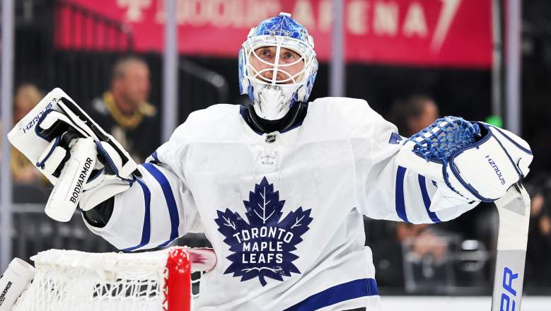 Sergei Bobrovsky #72 of the Toronto Maple Leafs takes a break during a stoppage in play in the second period against the Vegas Golden Knights at T-Mobile Arena on October 08, 2026 in Las Vegas, Nevada. The Golden Knights defeated the Maple Leafs 4-3 in a shootout.
