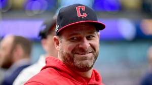 Manager Stephen Vogt #12 of the Cleveland Guardians looks on prior to game one of the American League Championship Series against the Tampa Bay Rays at Tropicana Field on October 12, 2026 in St Petersburg, Florida.