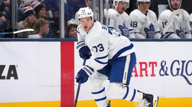 Teddy Blueger #73 of the Toronto Maple Leafs seen in action during the game against the Columbus Blue Jackets at Nationwide Arena on October 20, 2026 in Columbus, Ohio.