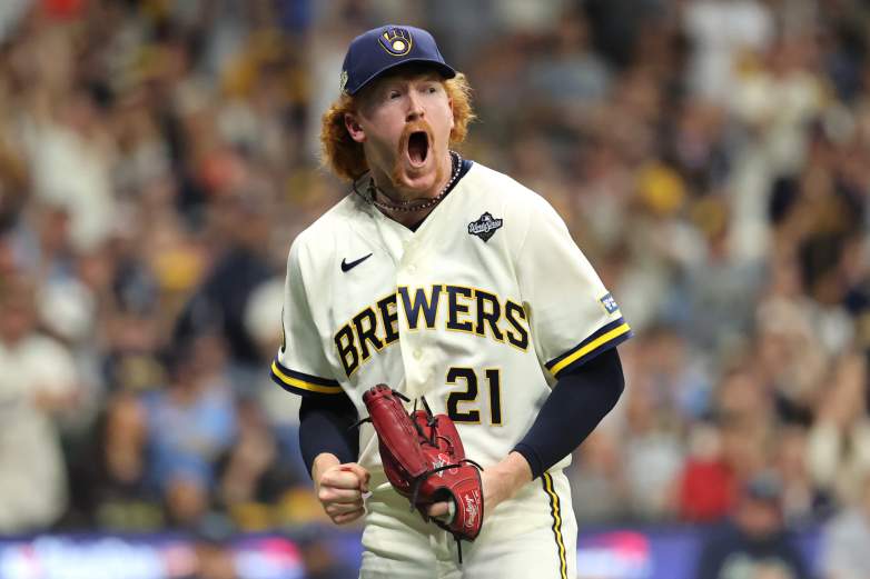 Dustin May pitching for the Milwaukee Brewers