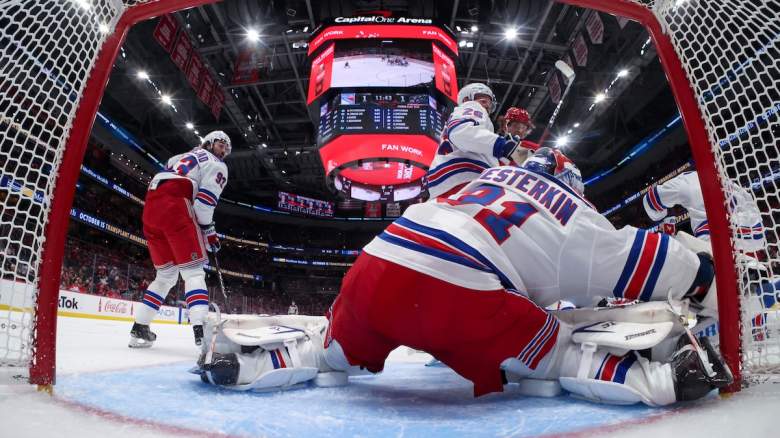 Igor Shesterkin #31 of the New York Rangers is injured on a play