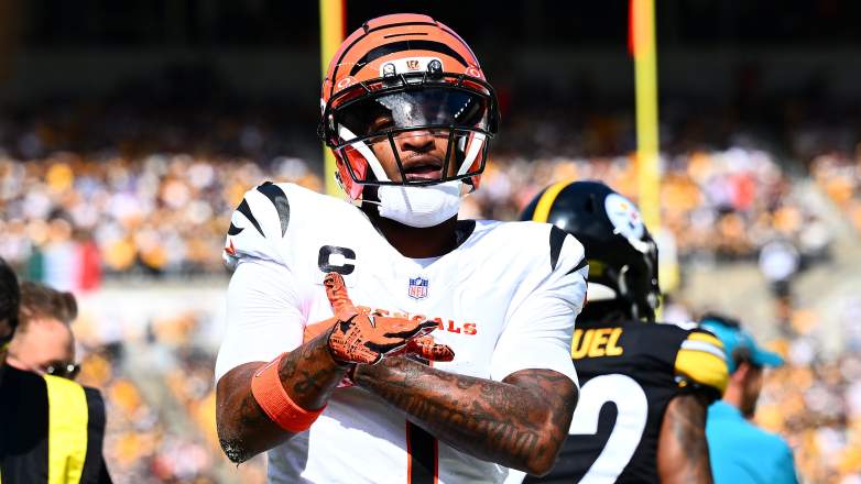 Cincinnati Bengals wide receiver Ja'Marr Chase celebrates a touchdown against the Pittsburgh Steelers.