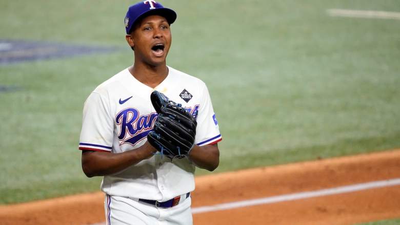 osé Leclerc #25 of the Texas Rangers reacts after the final out