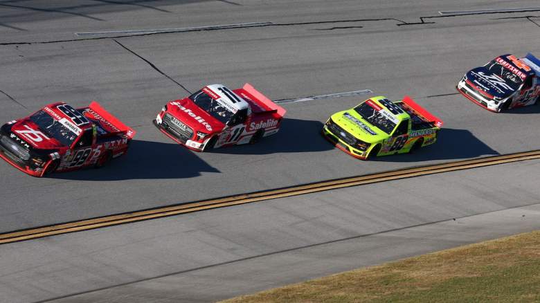 Ben Rhodes, driver of the #99 TYM Ford, Kaden Honeycutt, driver of the #11 Safelite Toyota, Ty Majeski, driver of the #88 Ideal Door/ Menards Ford, and Landen Lewis, driver of the #45 J.F. Electric/Utilitra Chevrolet, race