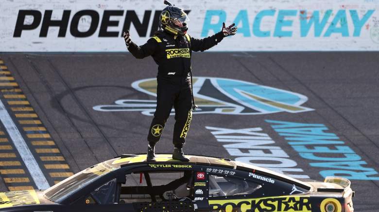 Tyler Reddick, driver of the #45 ROCKSTAR ENERGY DRINK Toyota, celebrates after winning the NASCAR Cup Series Freeway Insurance 500 at Phoenix Raceway