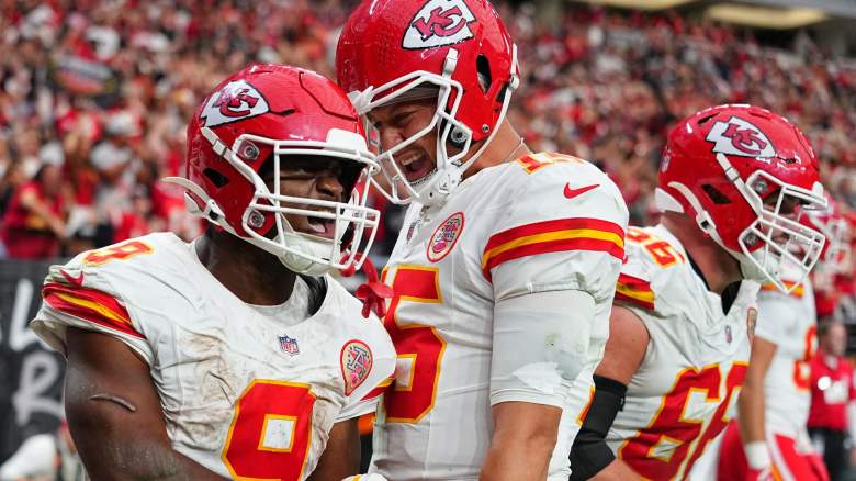 Kenneth Walker III #9 of the Kansas City Chiefs celebrates with Patrick Mahomes #15 after scoring a touchdown against the Las Vegas Raiders during the fourth quarter at Allegiant Stadium on October 04, 2026